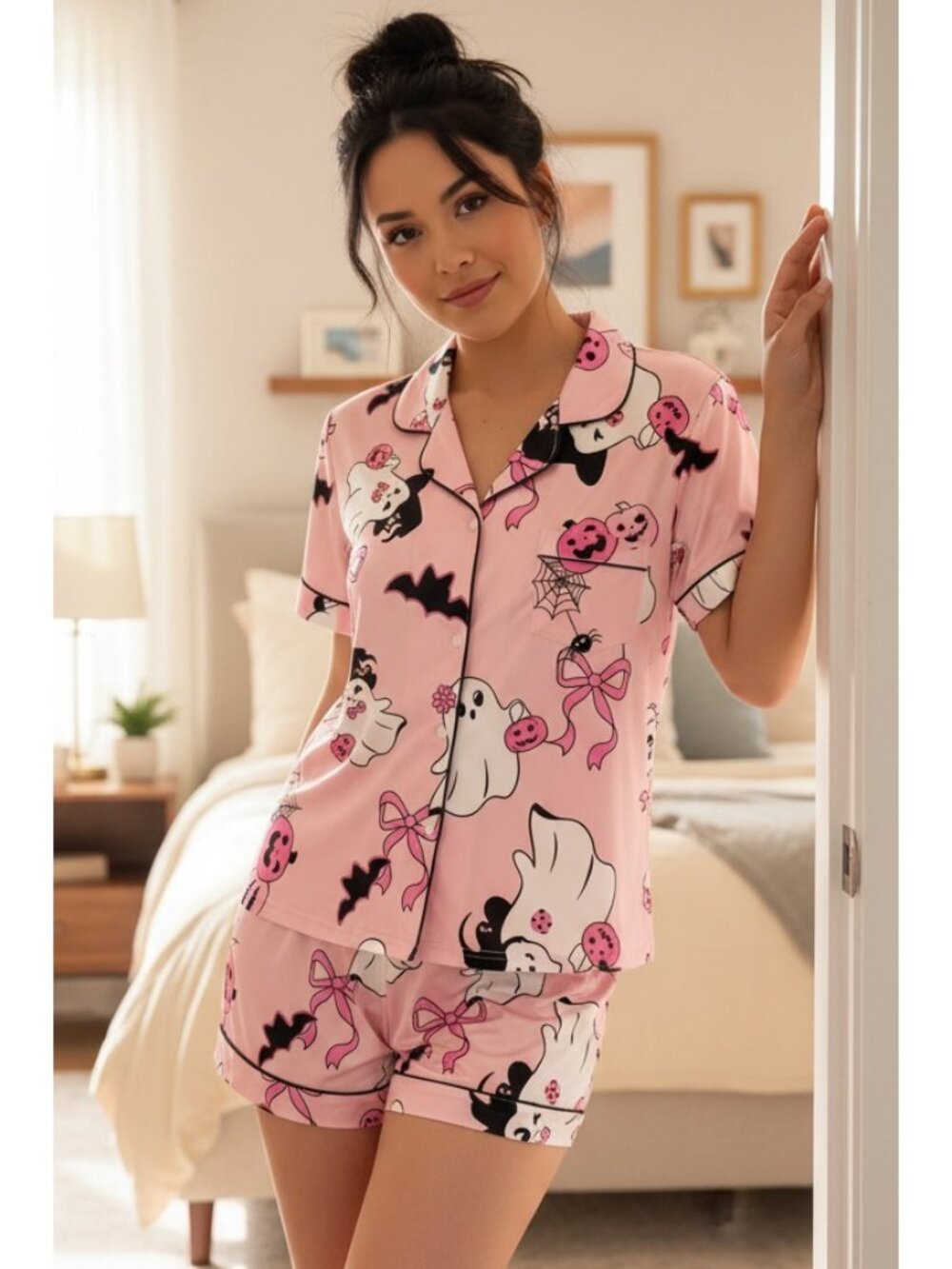 Ghost Button-Down Chest Pocket Top Shorts Halloween Lounge Set Matching Pajamas